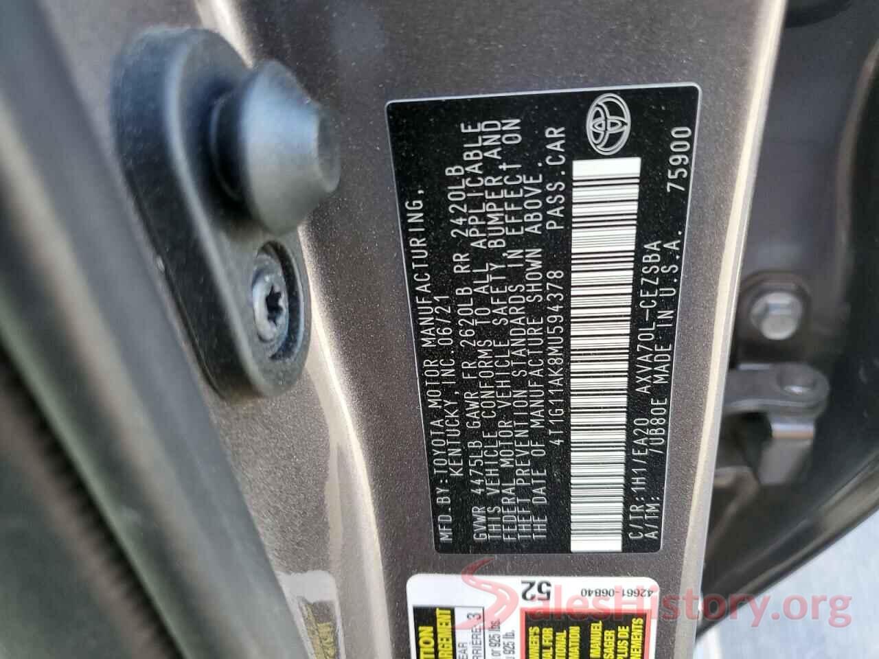 4T1G11AK8MU594378 2021 TOYOTA CAMRY