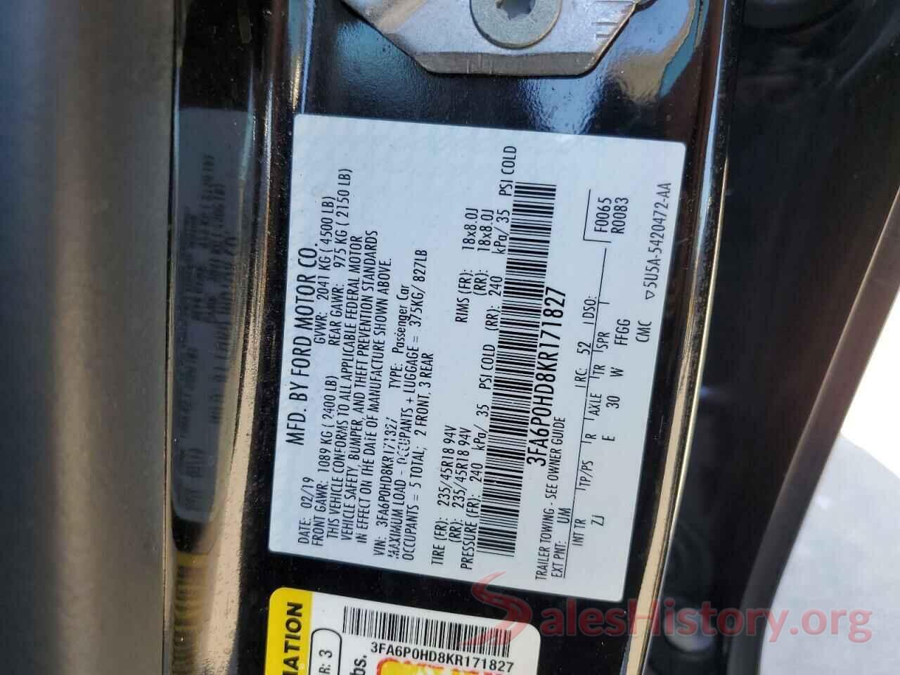 3FA6P0HD8KR171827 2019 FORD FUSION