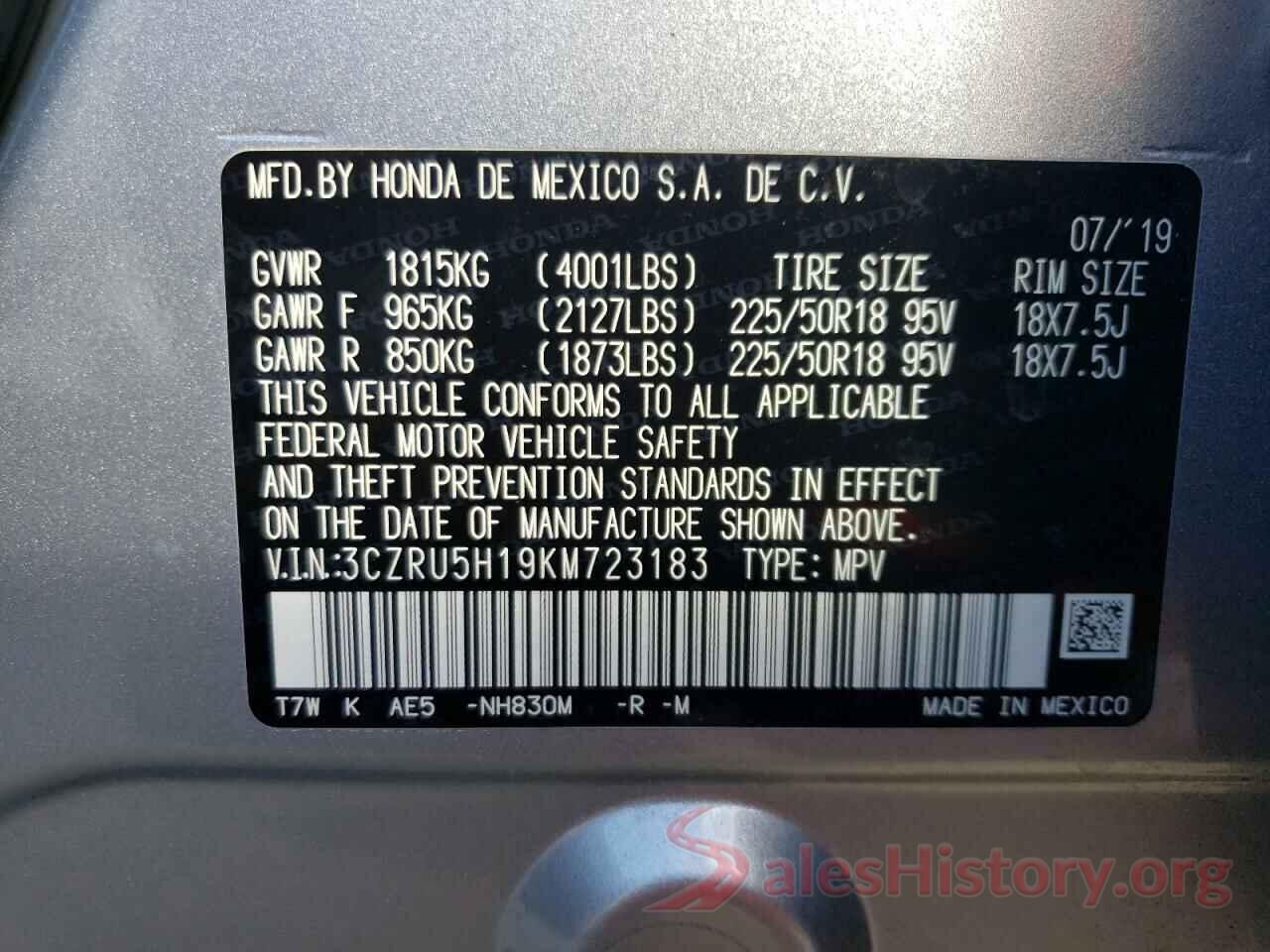 3CZRU5H19KM723183 2019 HONDA HR-V