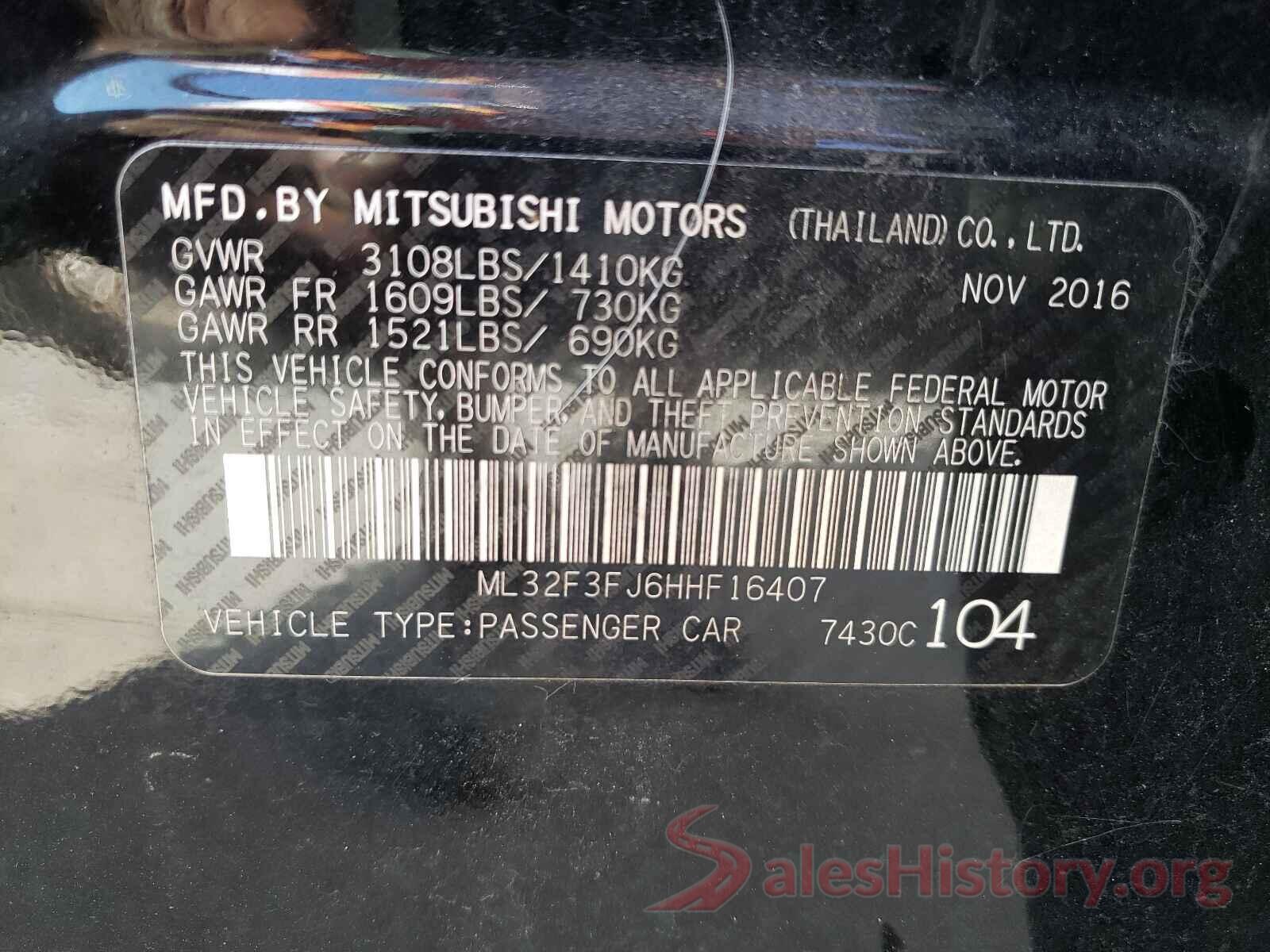 ML32F3FJ6HHF16407 2017 MITSUBISHI MIRAGE