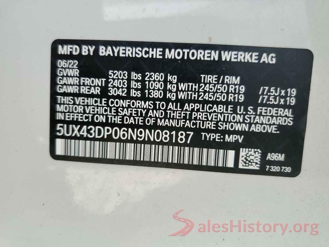 5UX43DP06N9N08187 2022 BMW X3