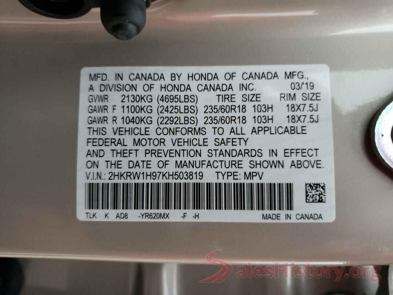 2HKRW1H97KH503819 2019 HONDA CRV