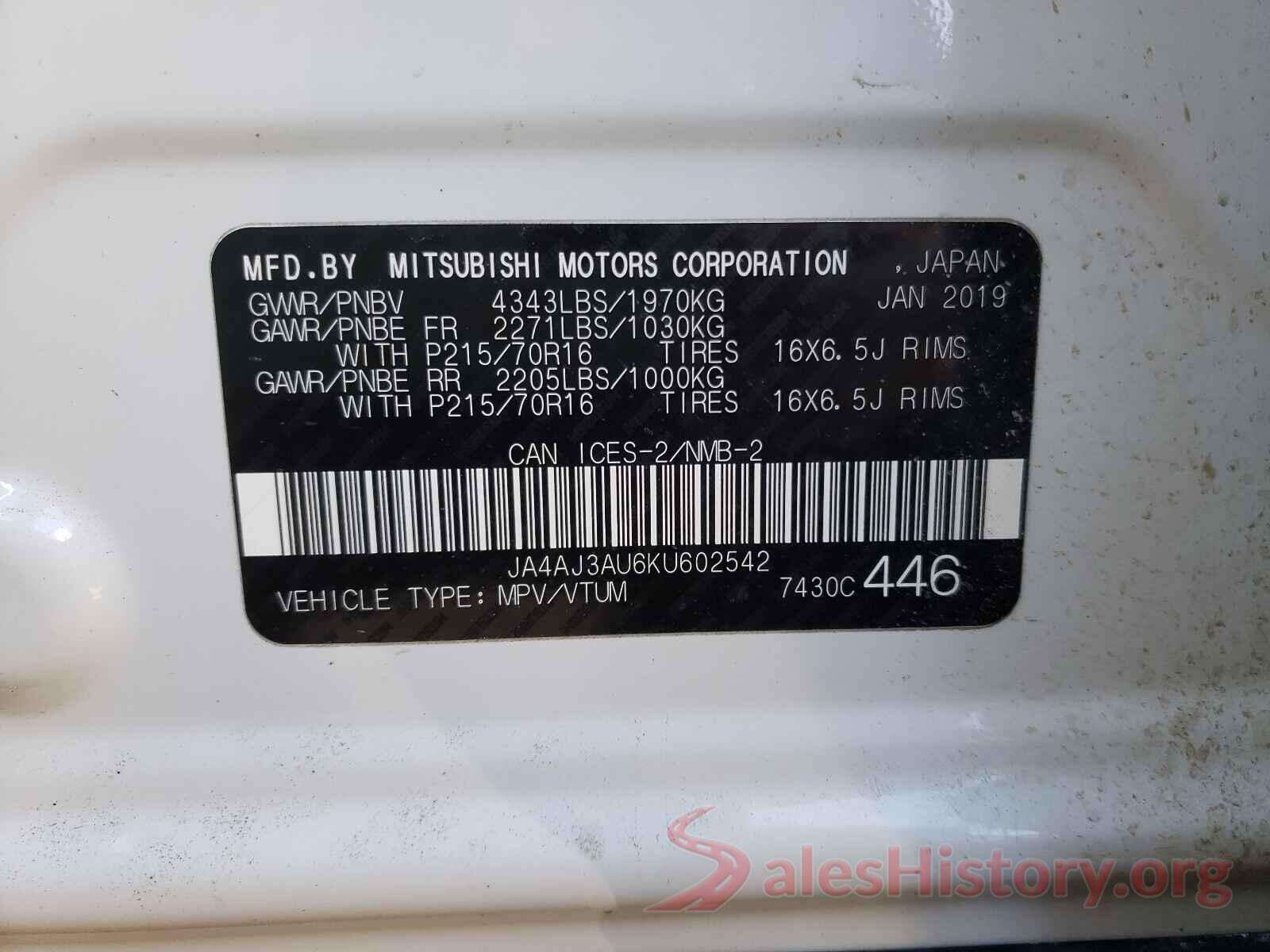 JA4AJ3AU6KU602542 2019 MITSUBISHI OUTLANDER