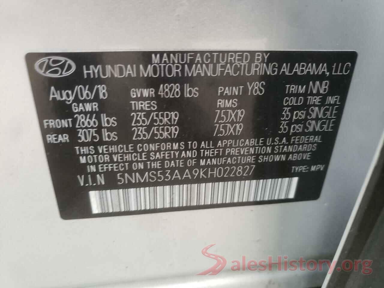 5NMS53AA9KH022827 2019 HYUNDAI SANTA FE