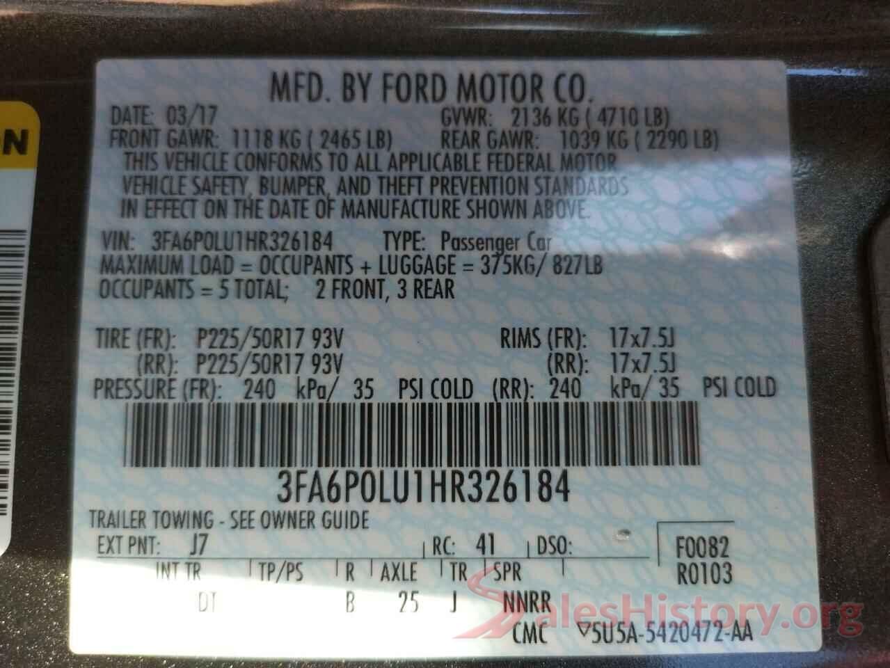 3FA6P0LU1HR326184 2017 FORD FUSION