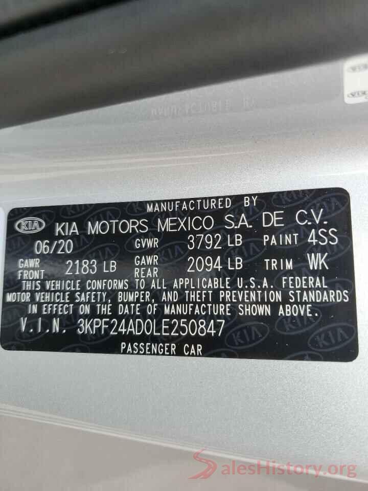 3KPF24AD0LE250847 2020 KIA FORTE