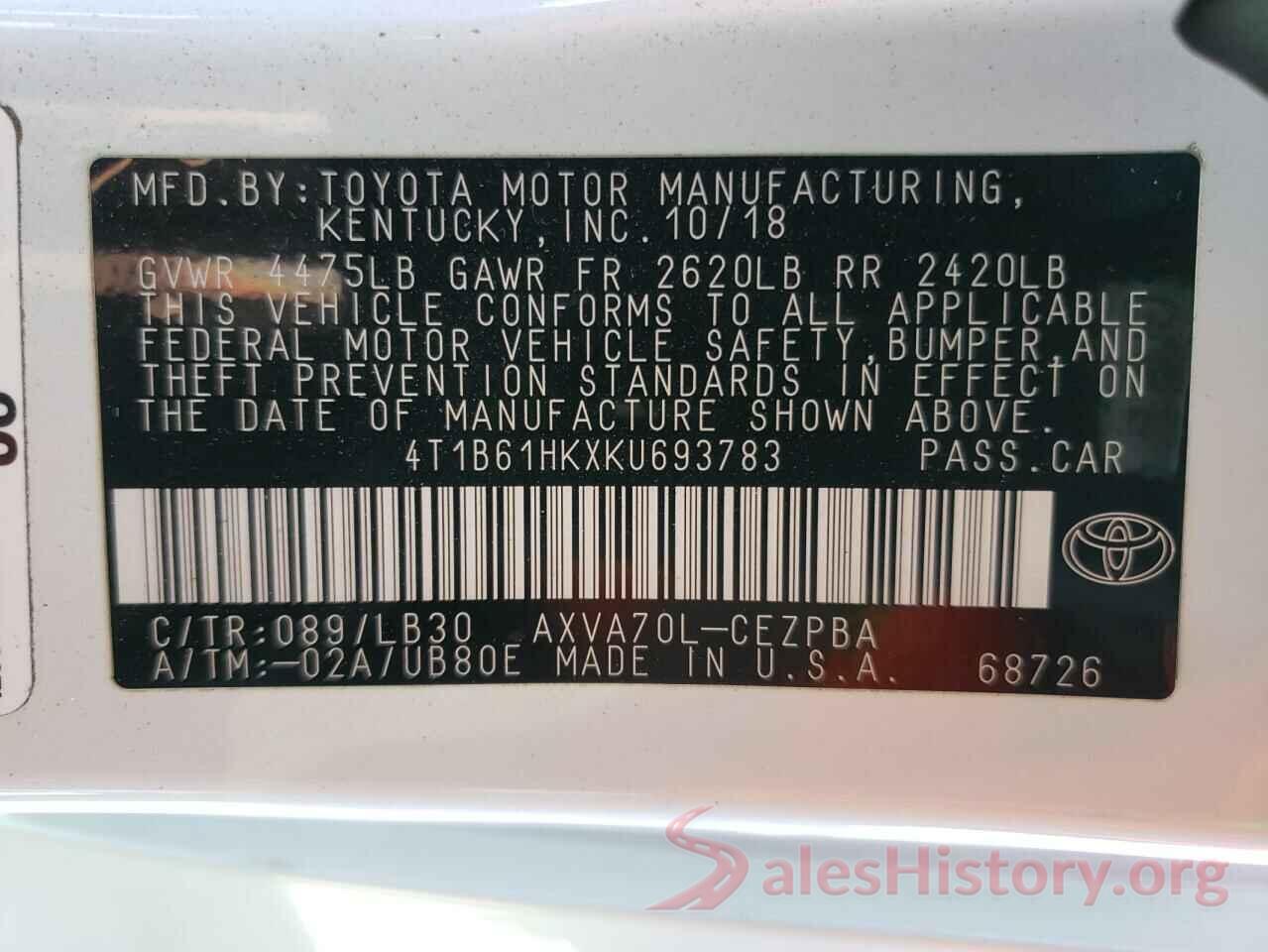 4T1B61HKXKU693783 2019 TOYOTA CAMRY