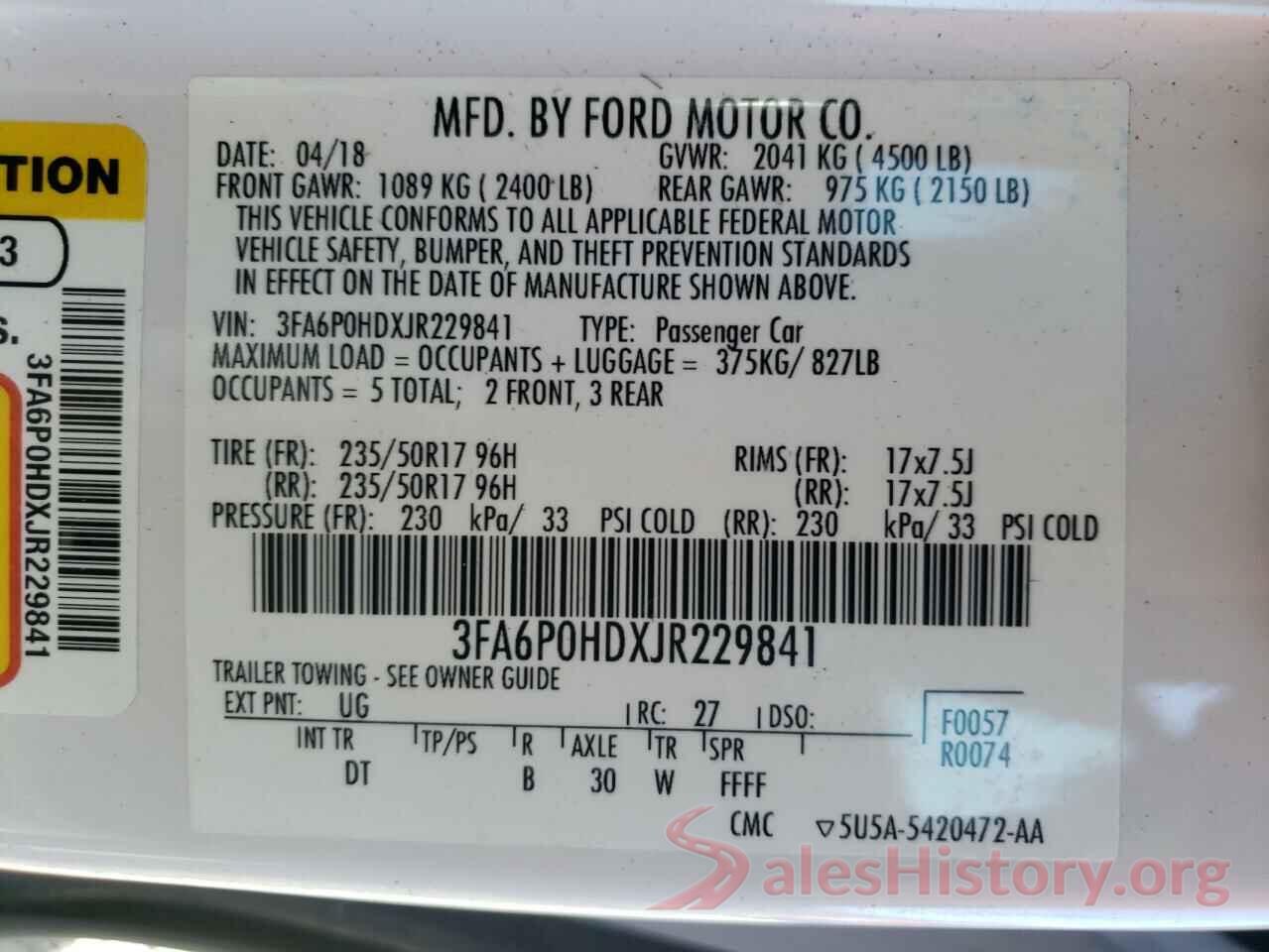 3FA6P0HDXJR229841 2018 FORD FUSION