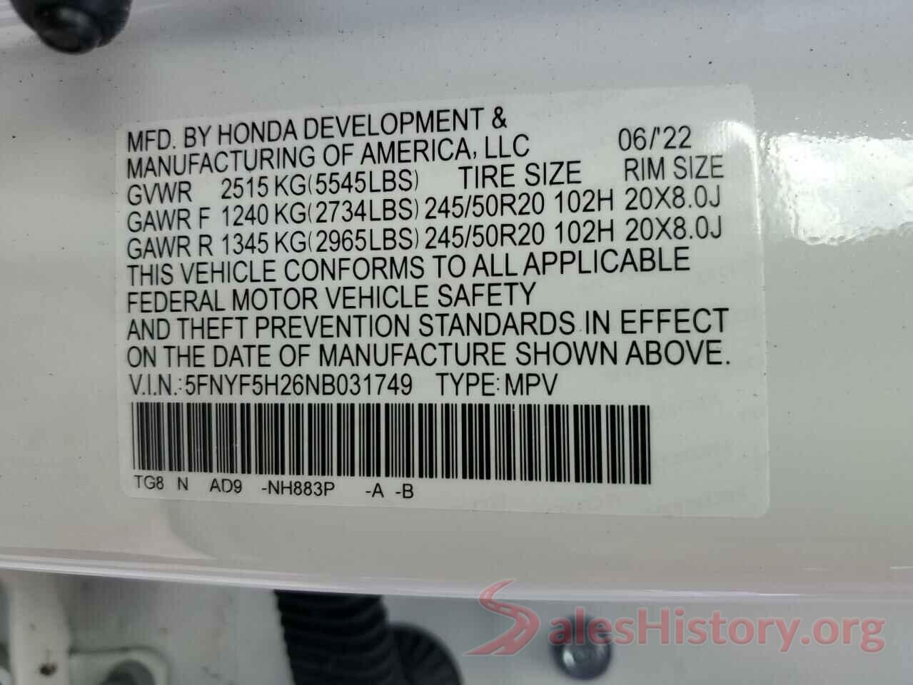 5FNYF5H26NB031749 2022 HONDA PILOT