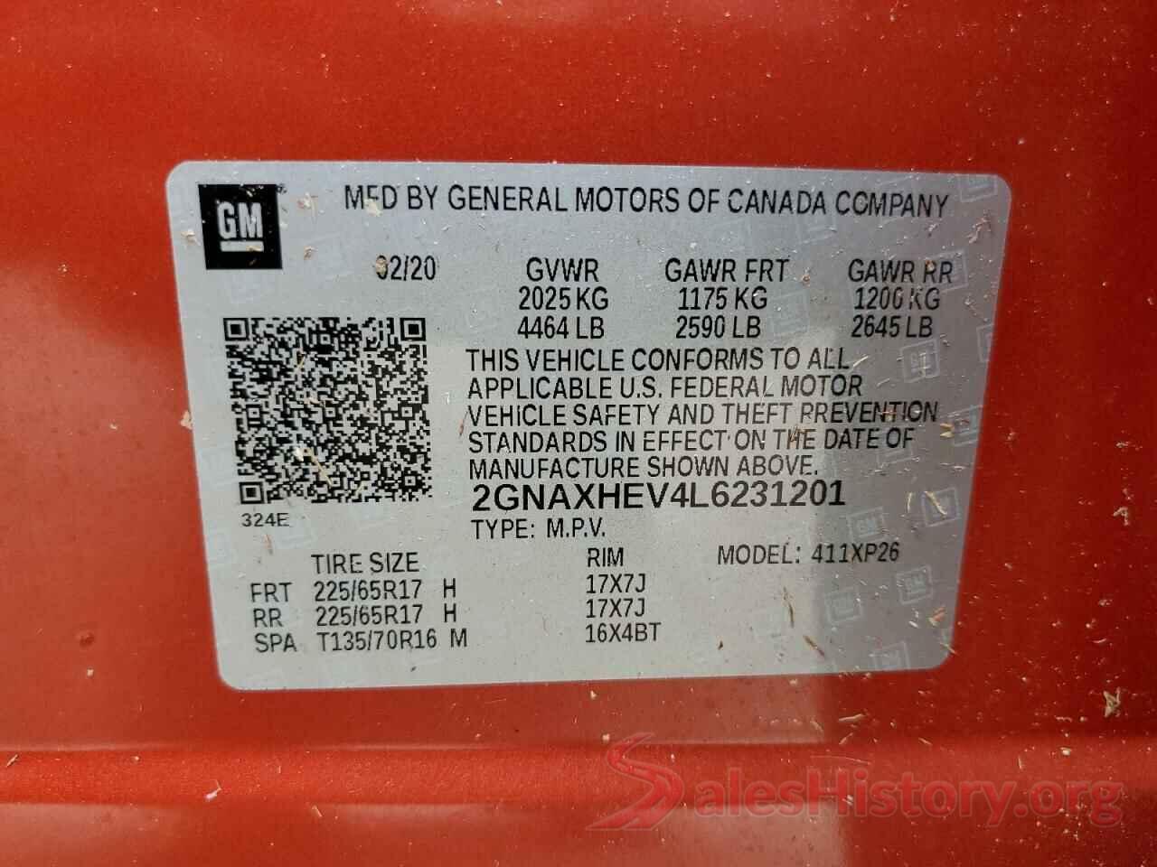 2GNAXHEV4L6231201 2020 CHEVROLET EQUINOX