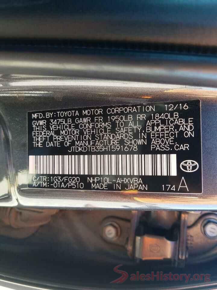 JTDKDTB35H1591678 2017 TOYOTA PRIUS