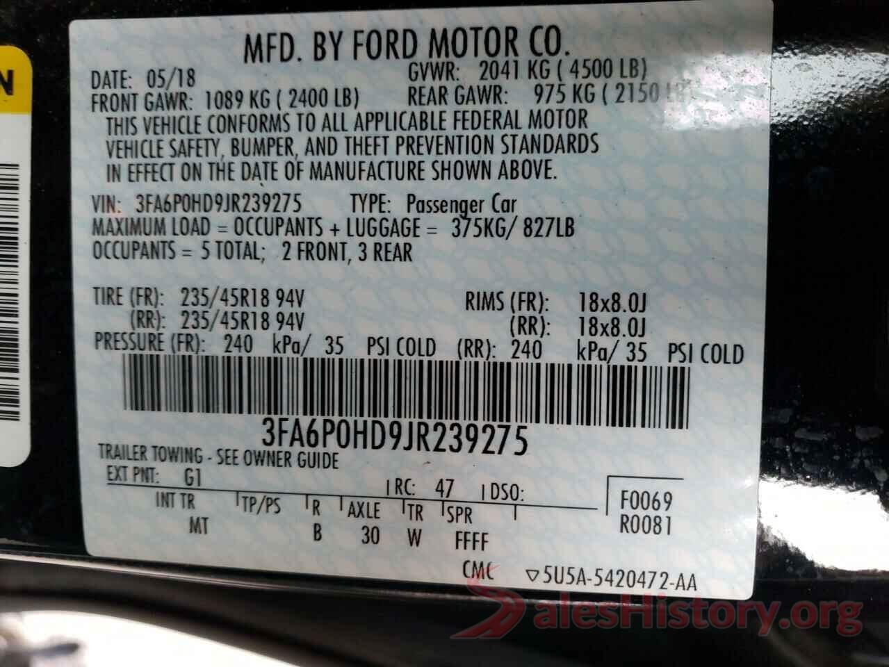 3FA6P0HD9JR239275 2018 FORD FUSION