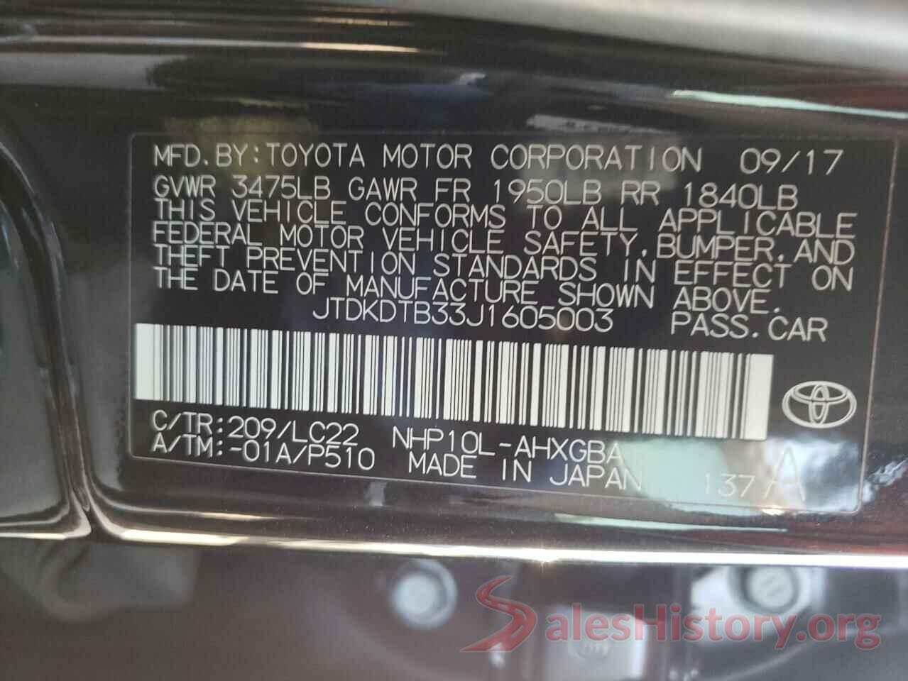 JTDKDTB33J1605003 2018 TOYOTA PRIUS