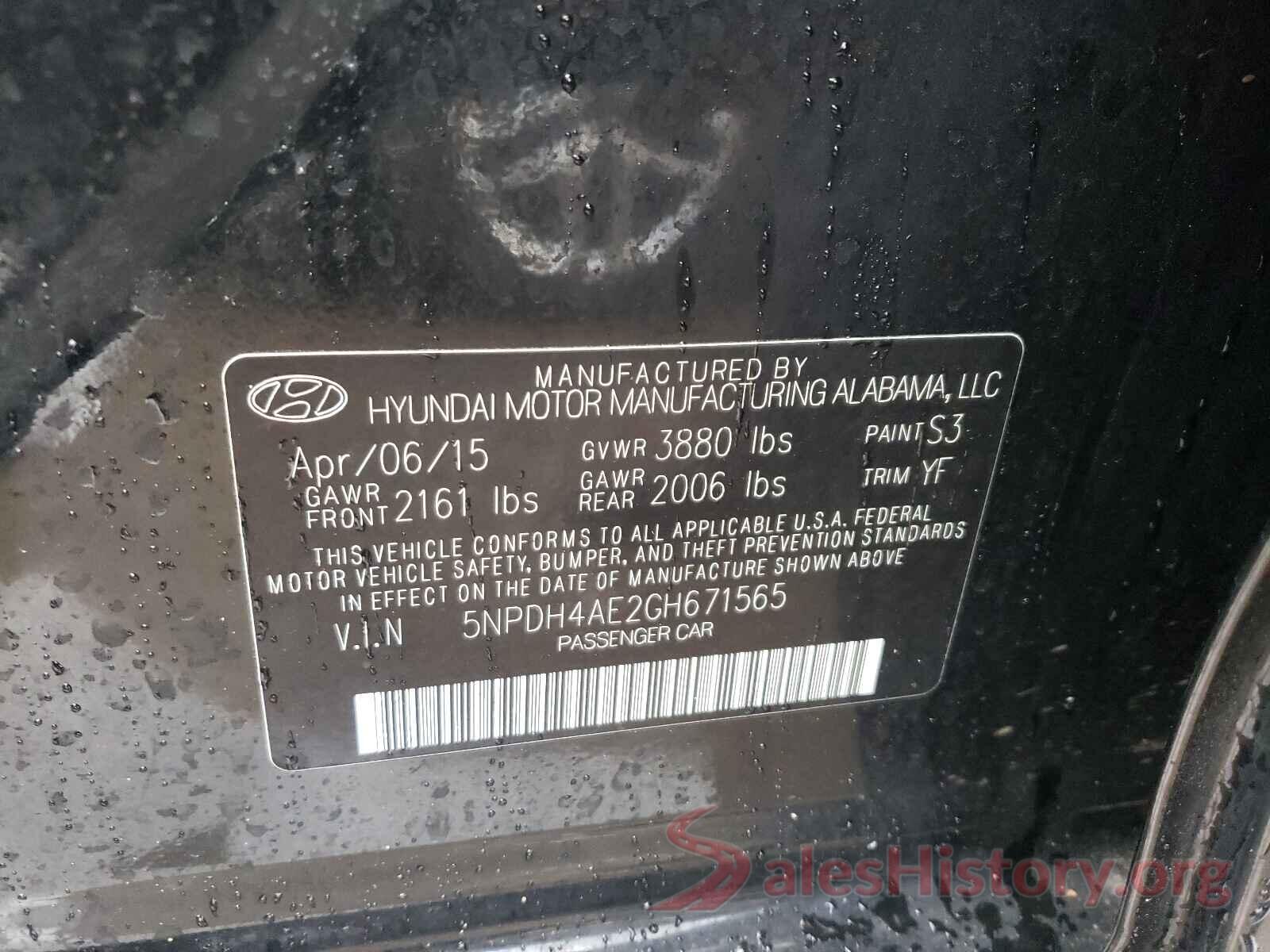 5NPDH4AE2GH671565 2016 HYUNDAI ELANTRA