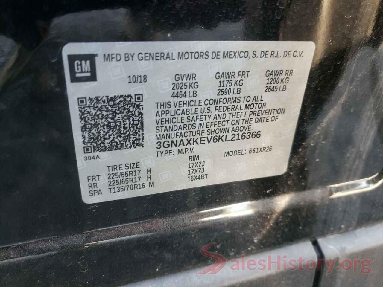 3GNAXKEV6KL216366 2019 CHEVROLET EQUINOX