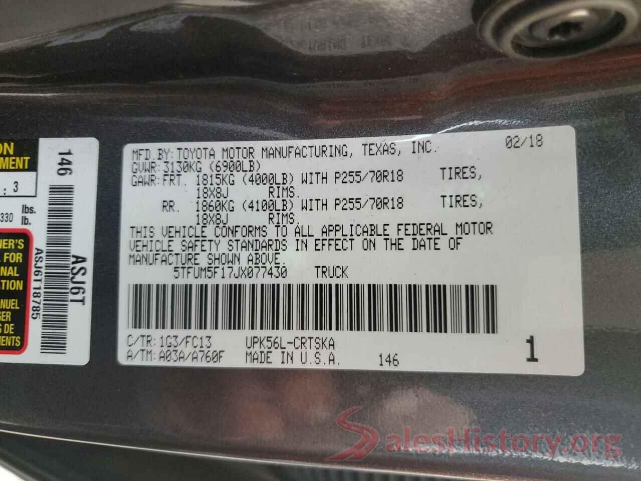 5TFUM5F17JX077430 2018 TOYOTA TUNDRA