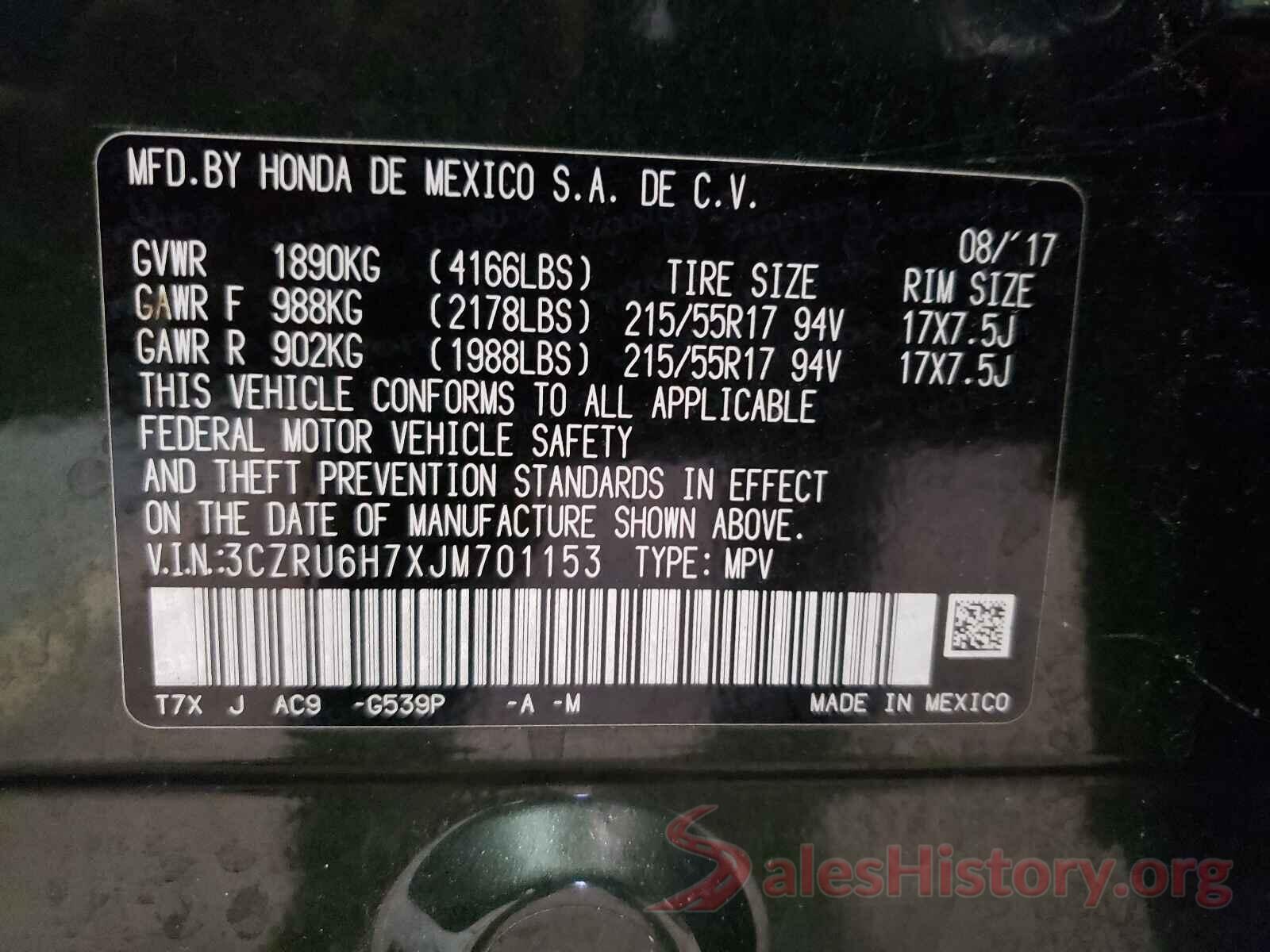 3CZRU6H7XJM701153 2018 HONDA HR-V