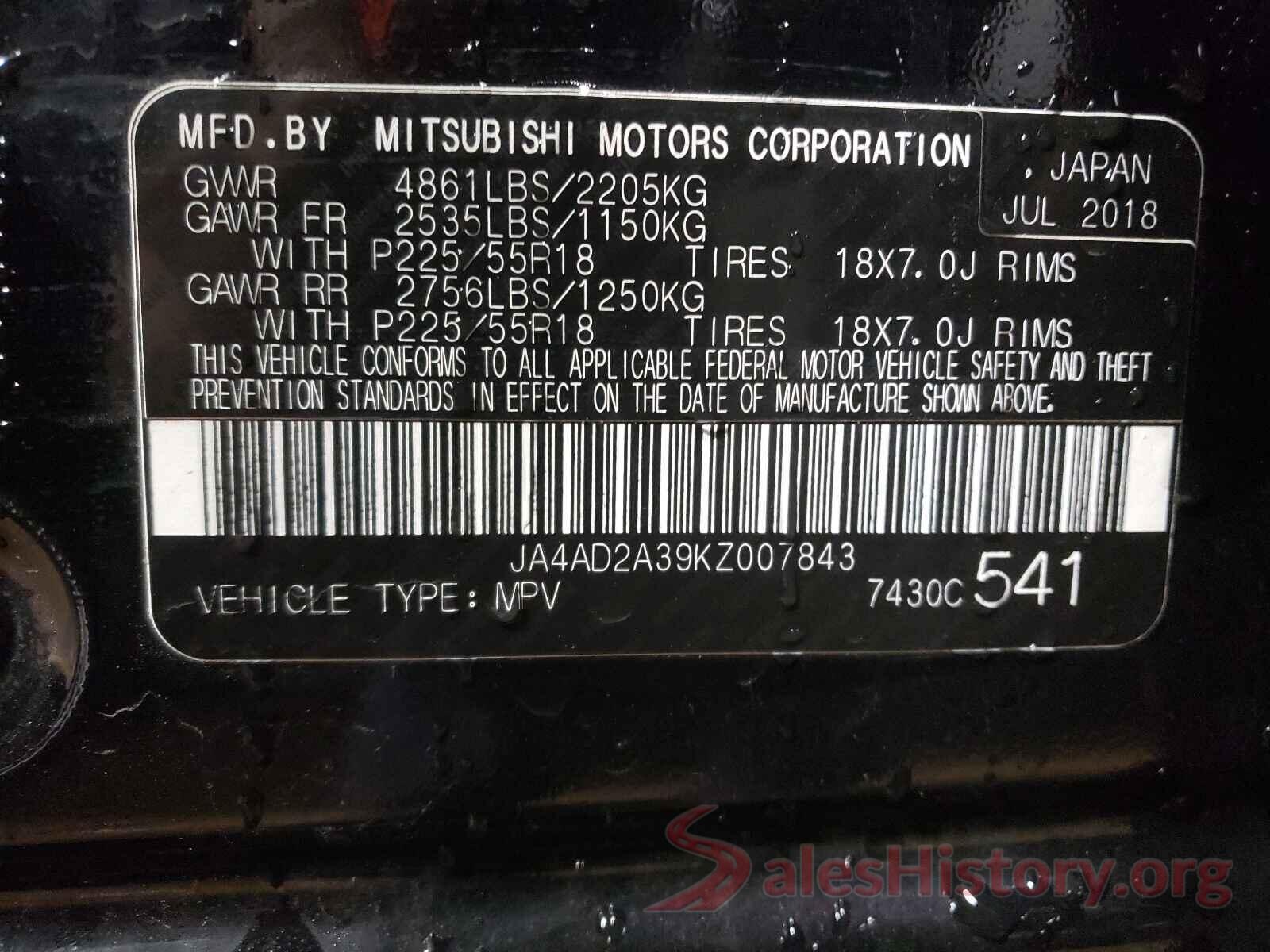 JA4AD2A39KZ007843 2019 MITSUBISHI OUTLANDER