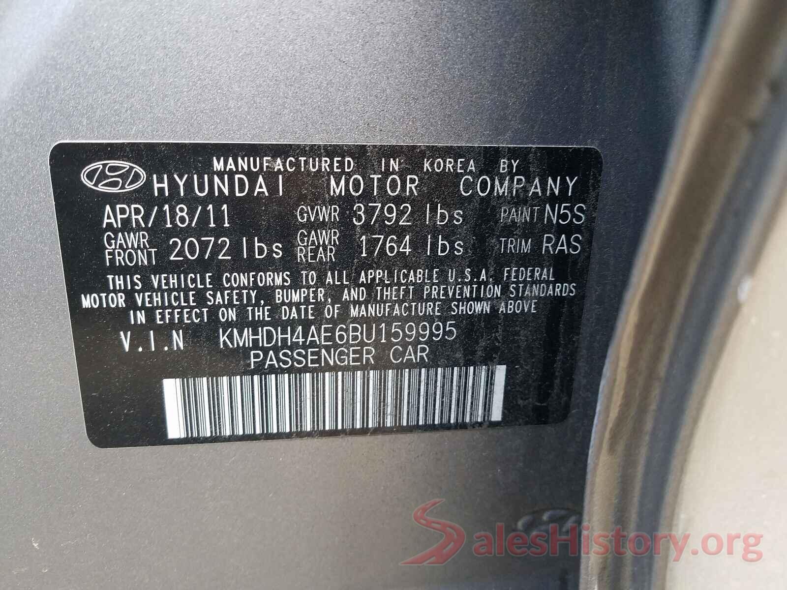 KMHDH4AE6BU159995 2011 HYUNDAI ELANTRA