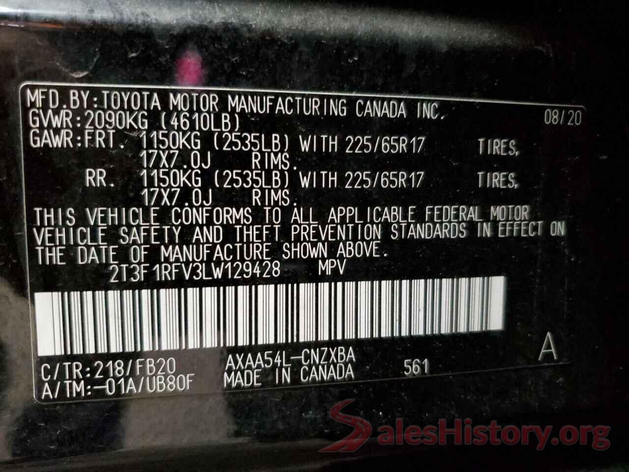 2T3F1RFV3LW129428 2020 TOYOTA RAV4