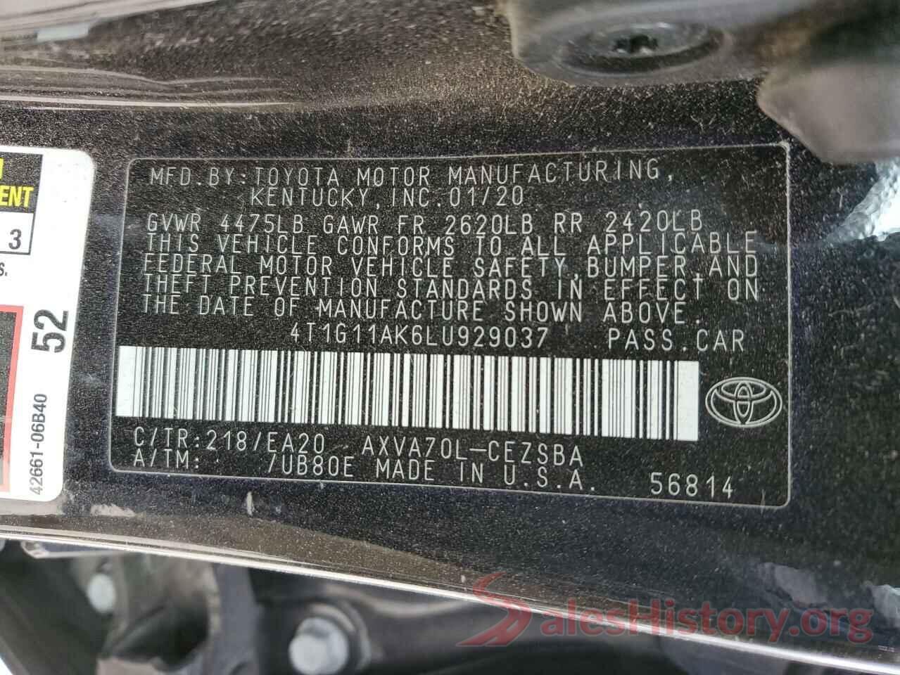 4T1G11AK6LU929037 2020 TOYOTA CAMRY