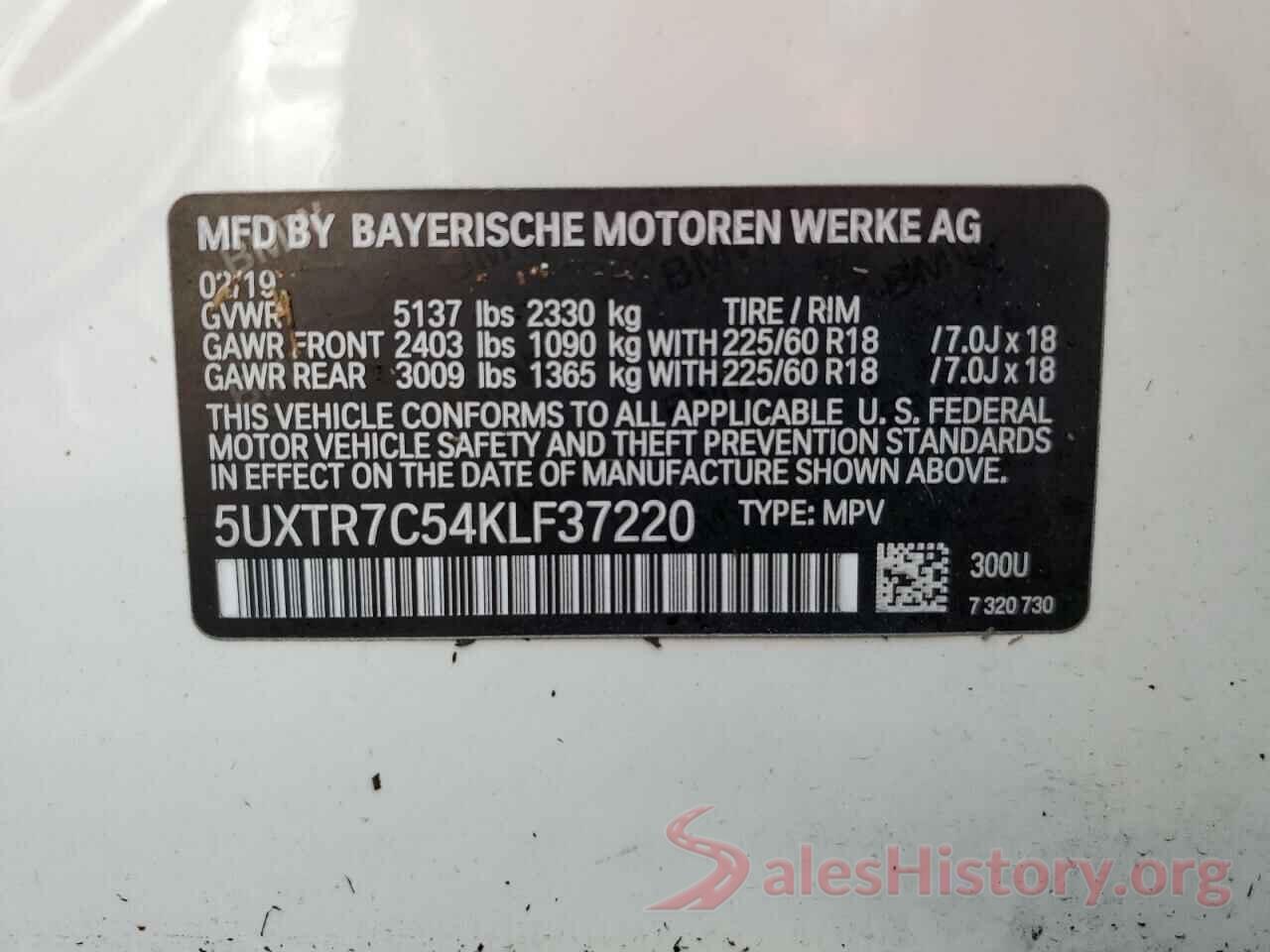 5UXTR7C54KLF37220 2019 BMW X3