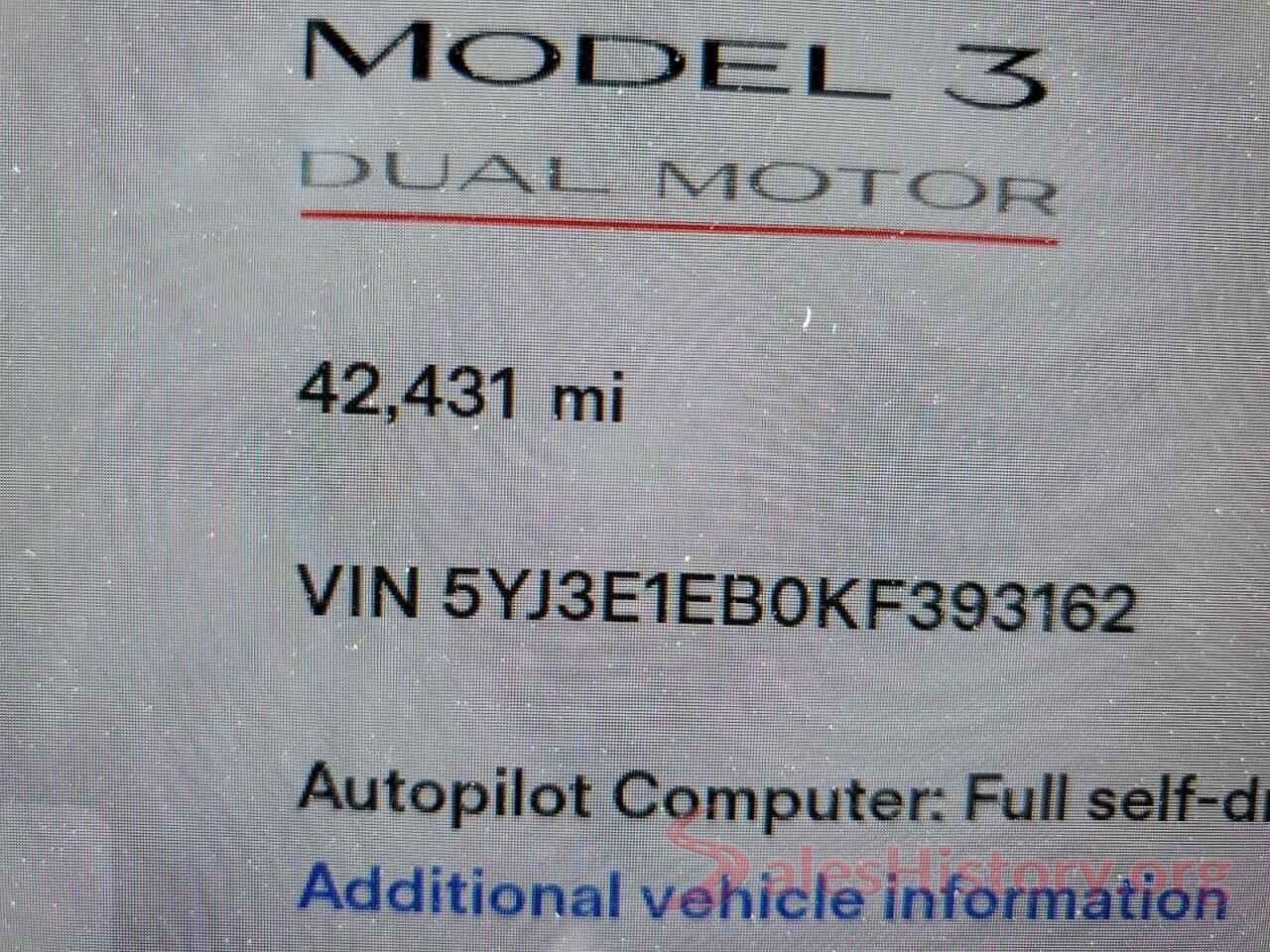 5YJ3E1EB0KF393162 2019 TESLA MODEL 3