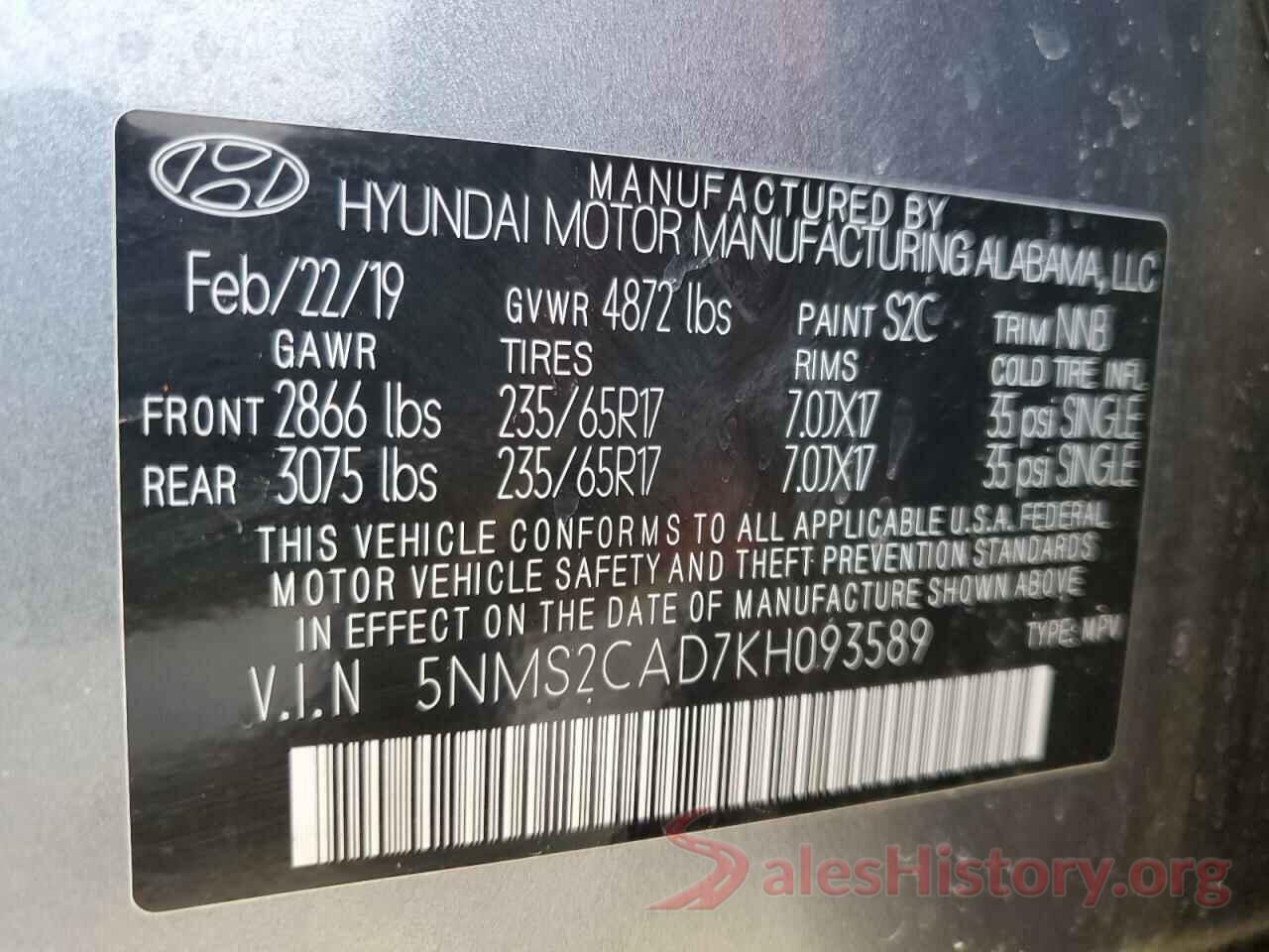 5NMS2CAD7KH093589 2019 HYUNDAI SANTA FE