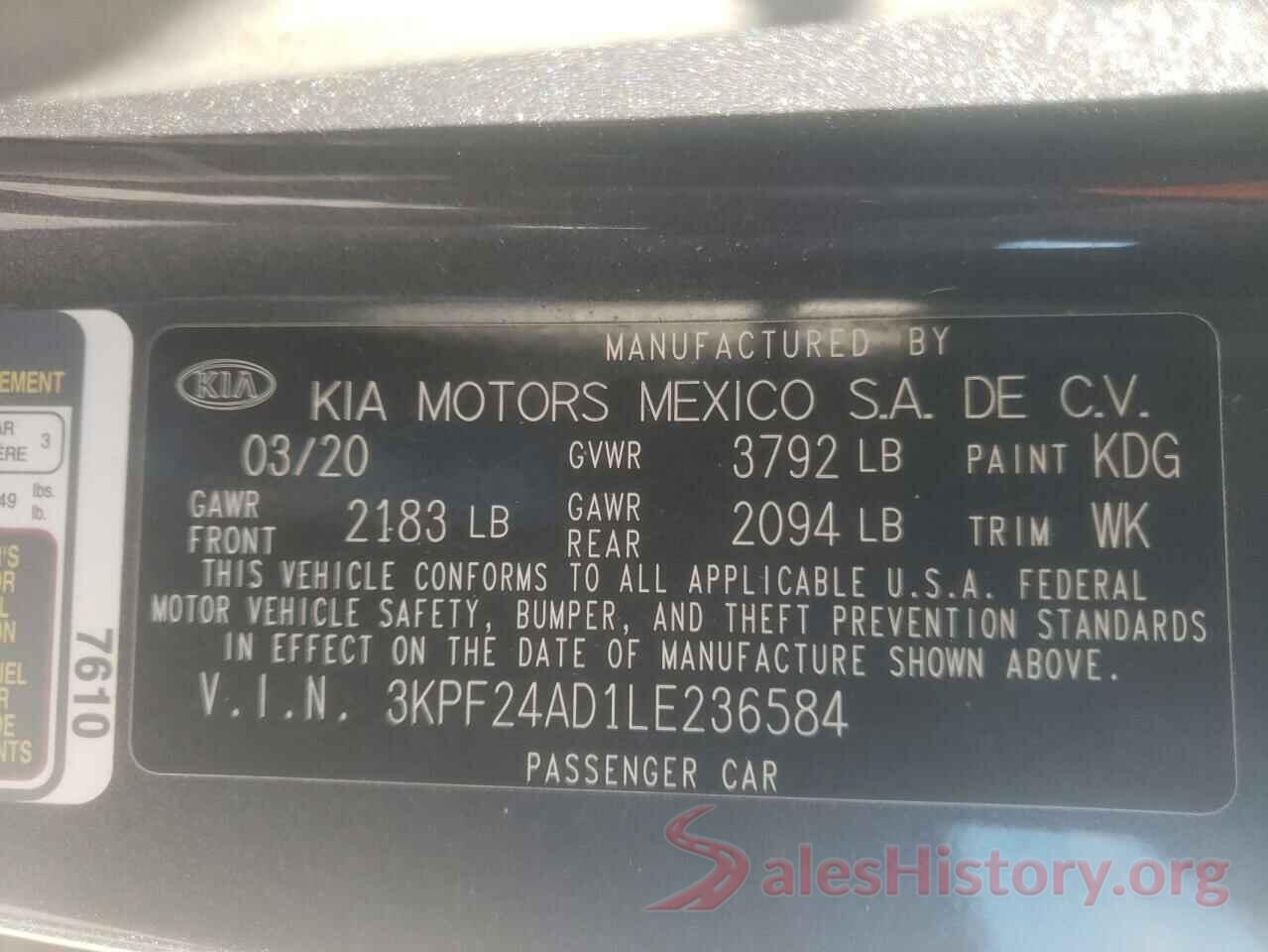 3KPF24AD1LE236584 2020 KIA FORTE