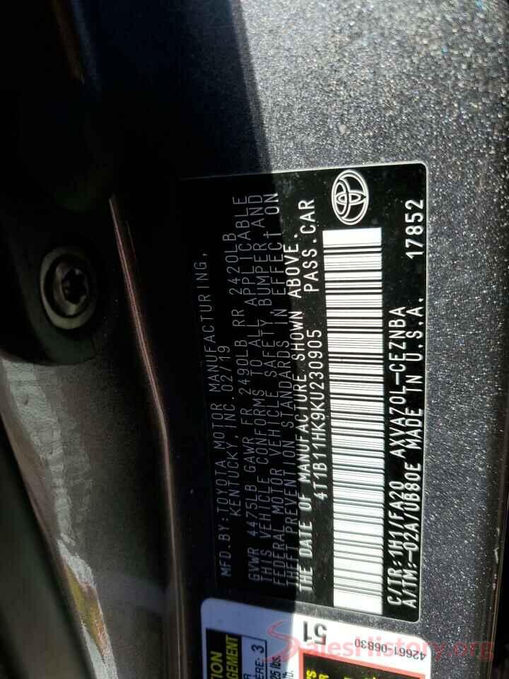 4T1B11HK9KU230905 2019 TOYOTA CAMRY