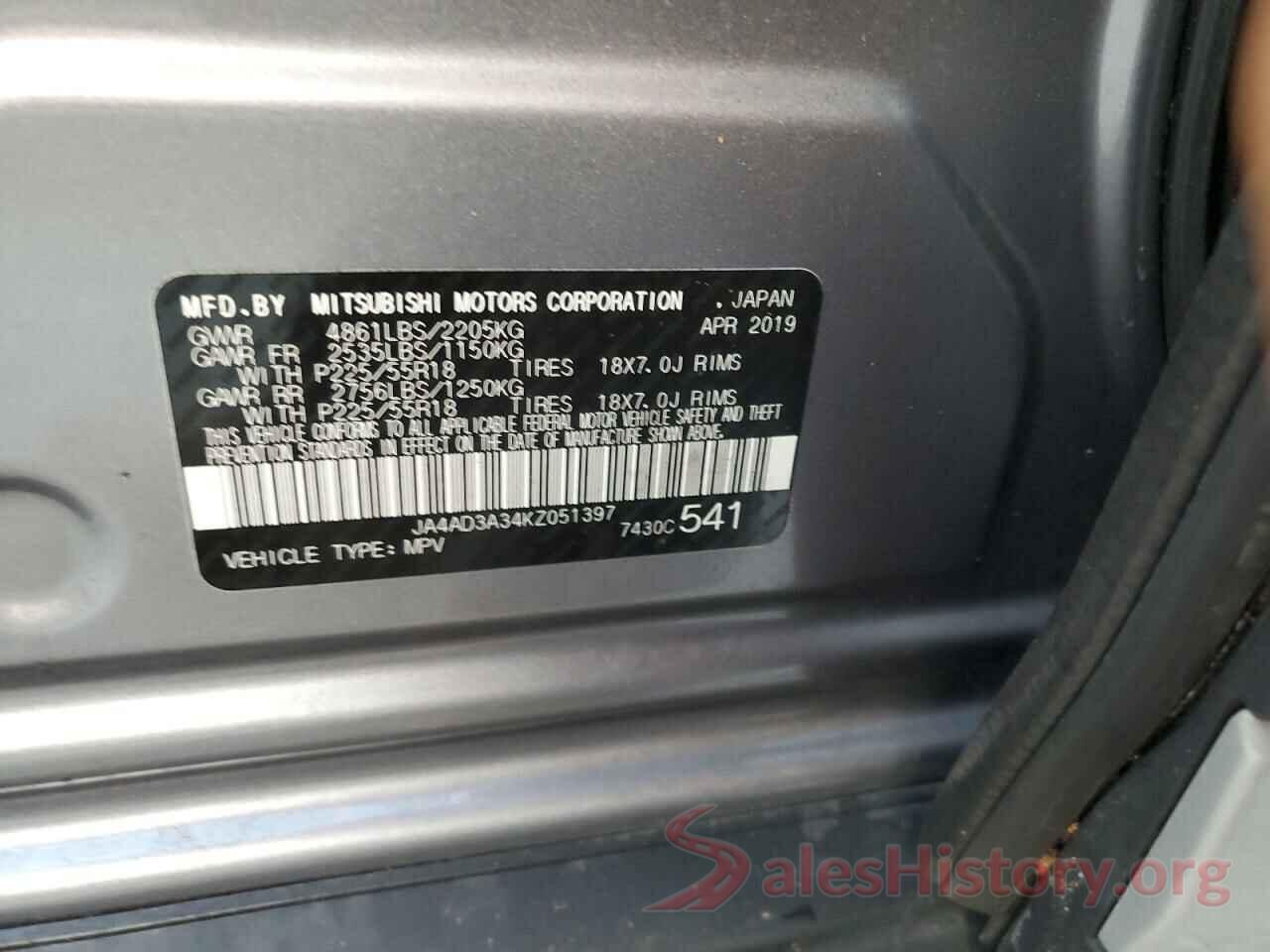 JA4AD3A34KZ051397 2019 MITSUBISHI OUTLANDER