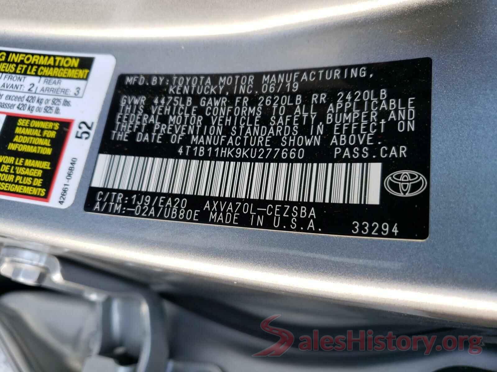 4T1B11HK9KU277660 2019 TOYOTA CAMRY