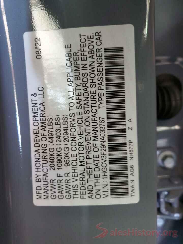 1HGCV3F29NA033767 2022 HONDA ACCORD