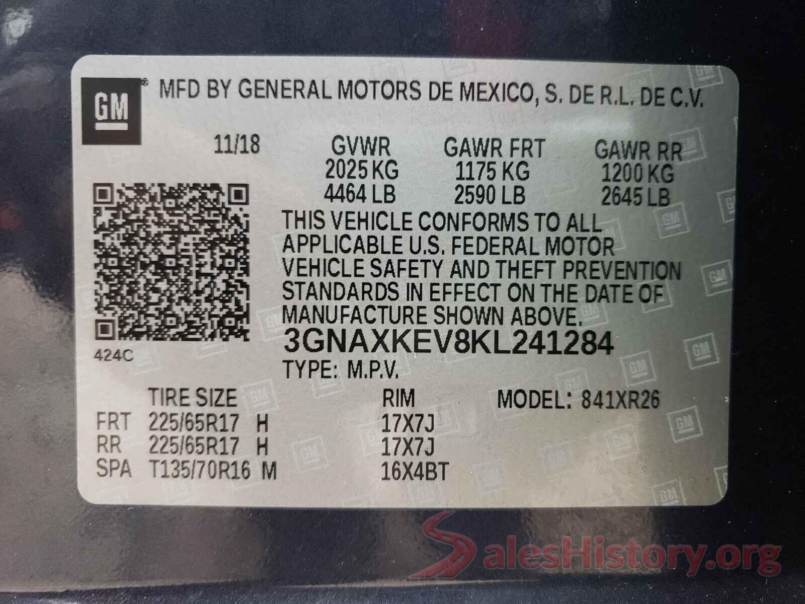 3GNAXKEV8KL241284 2019 CHEVROLET EQUINOX