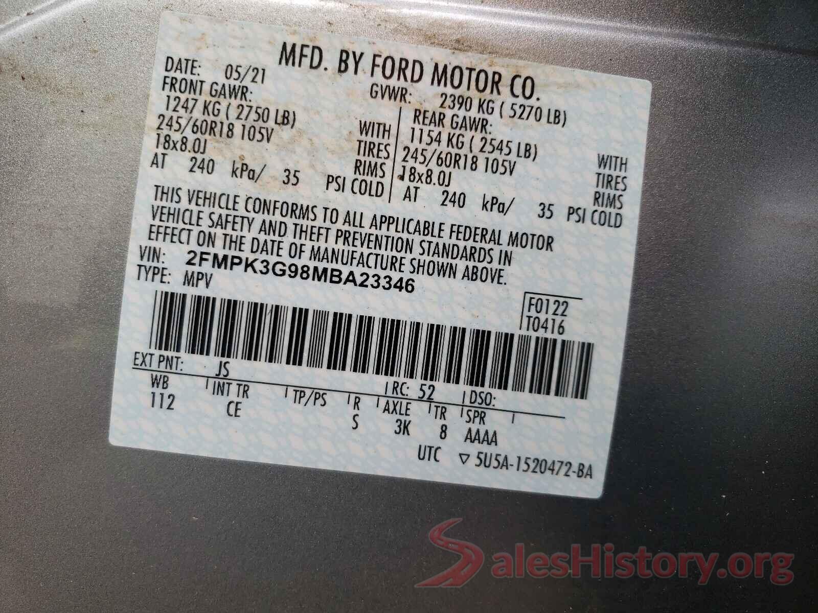 2FMPK3G98MBA23346 2021 FORD EDGE