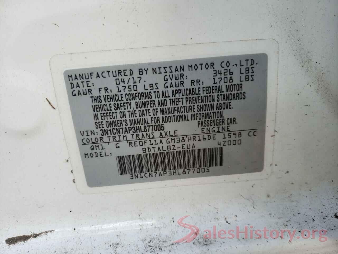 3N1CN7AP3HL877005 2017 NISSAN VERSA