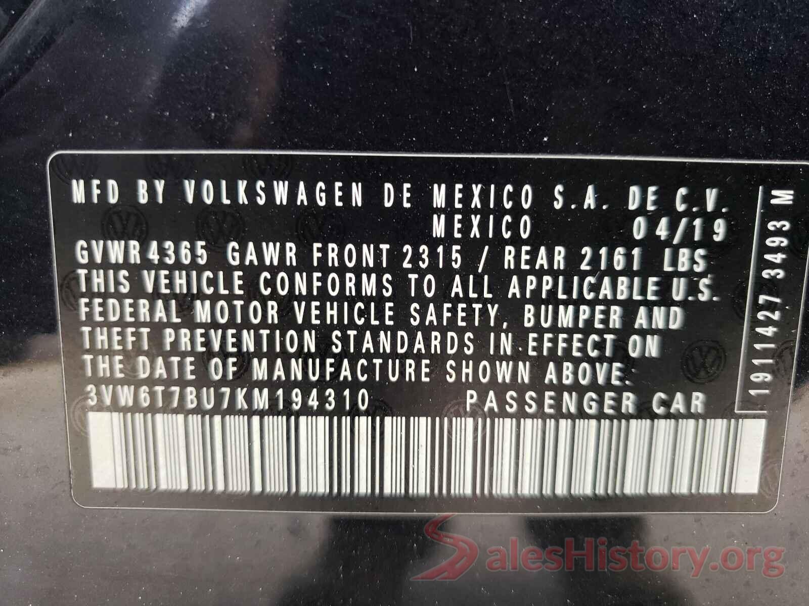 3VW6T7BU7KM194310 2019 VOLKSWAGEN JETTA