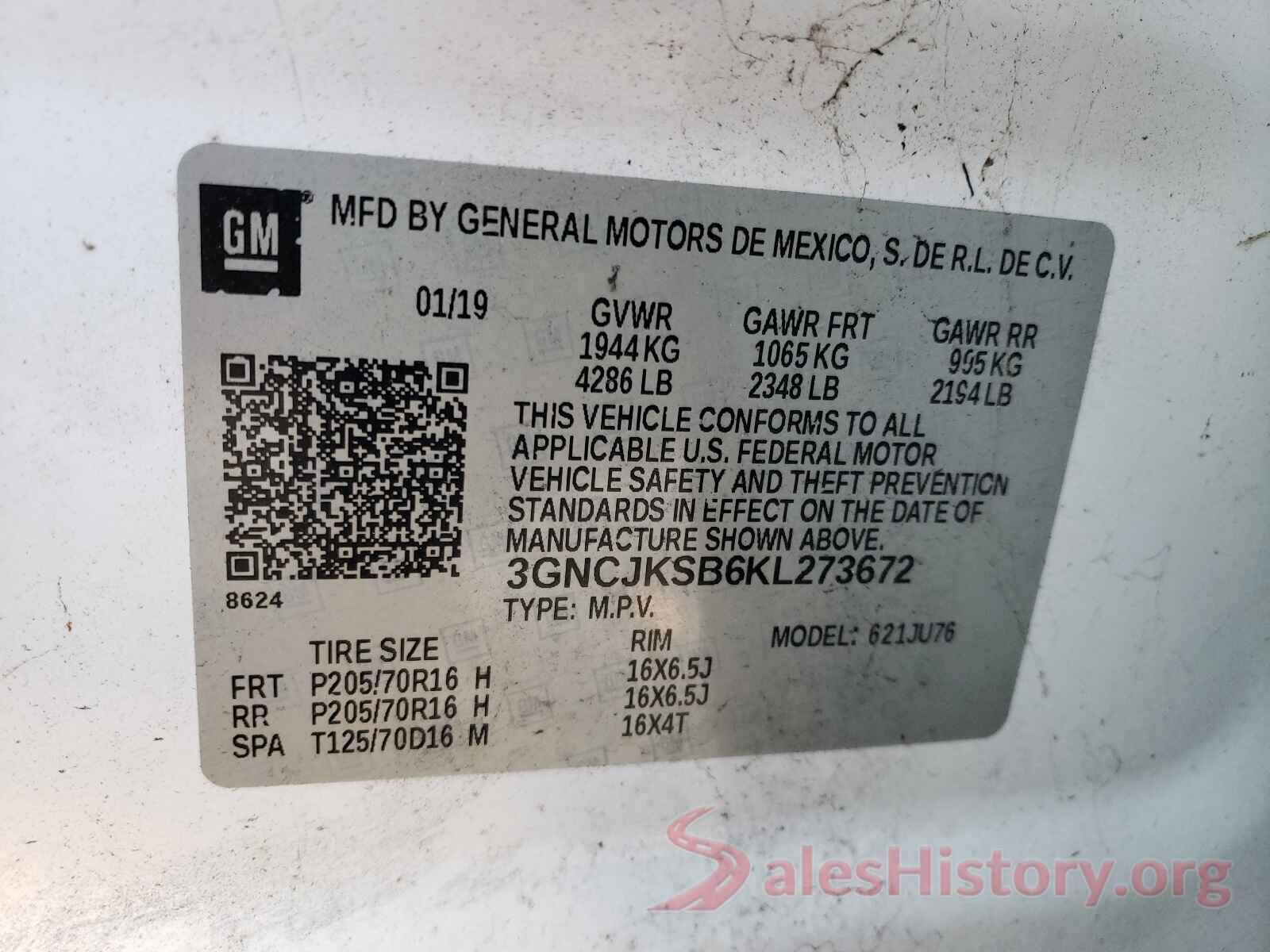 3GNCJKSB6KL273672 2019 CHEVROLET TRAX