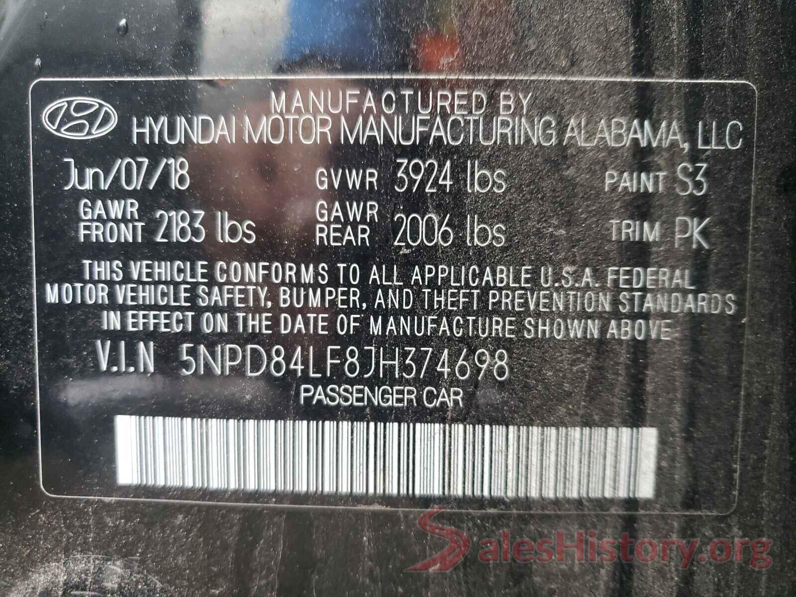 5NPD84LF8JH374698 2018 HYUNDAI ELANTRA