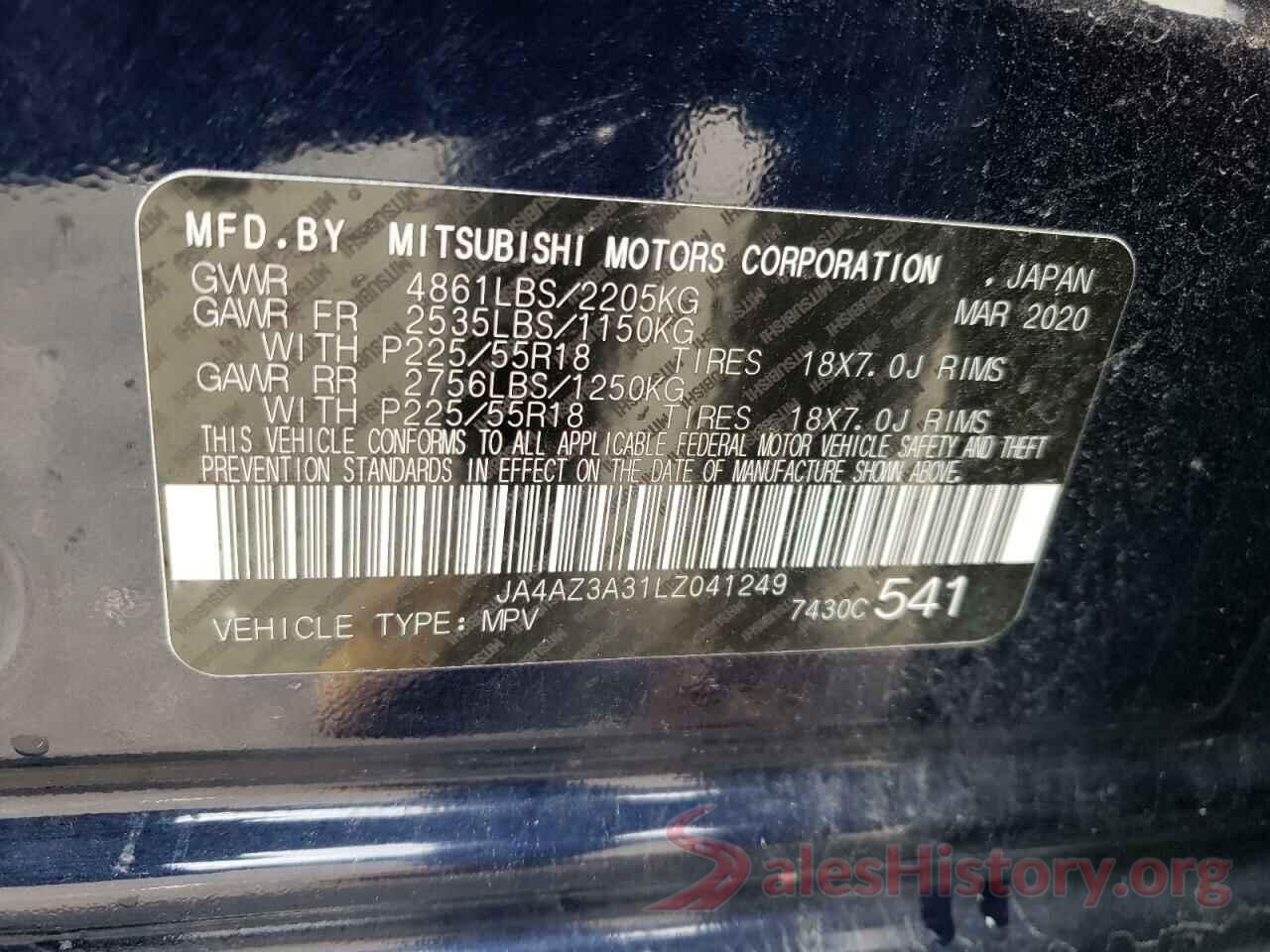 JA4AZ3A31LZ041249 2020 MITSUBISHI OUTLANDER