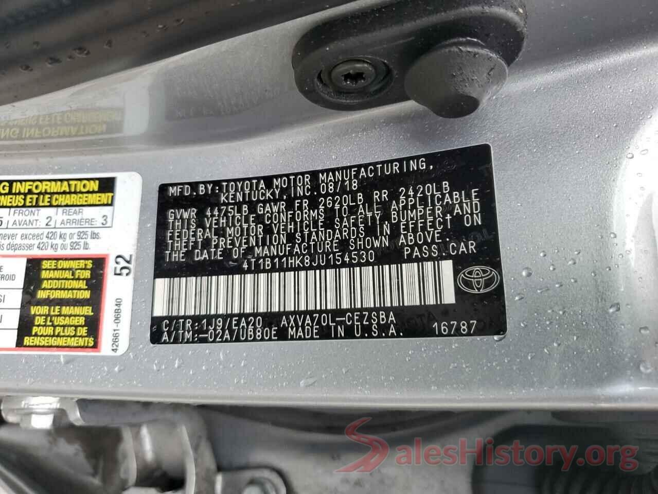 4T1B11HK8JU154530 2018 TOYOTA CAMRY