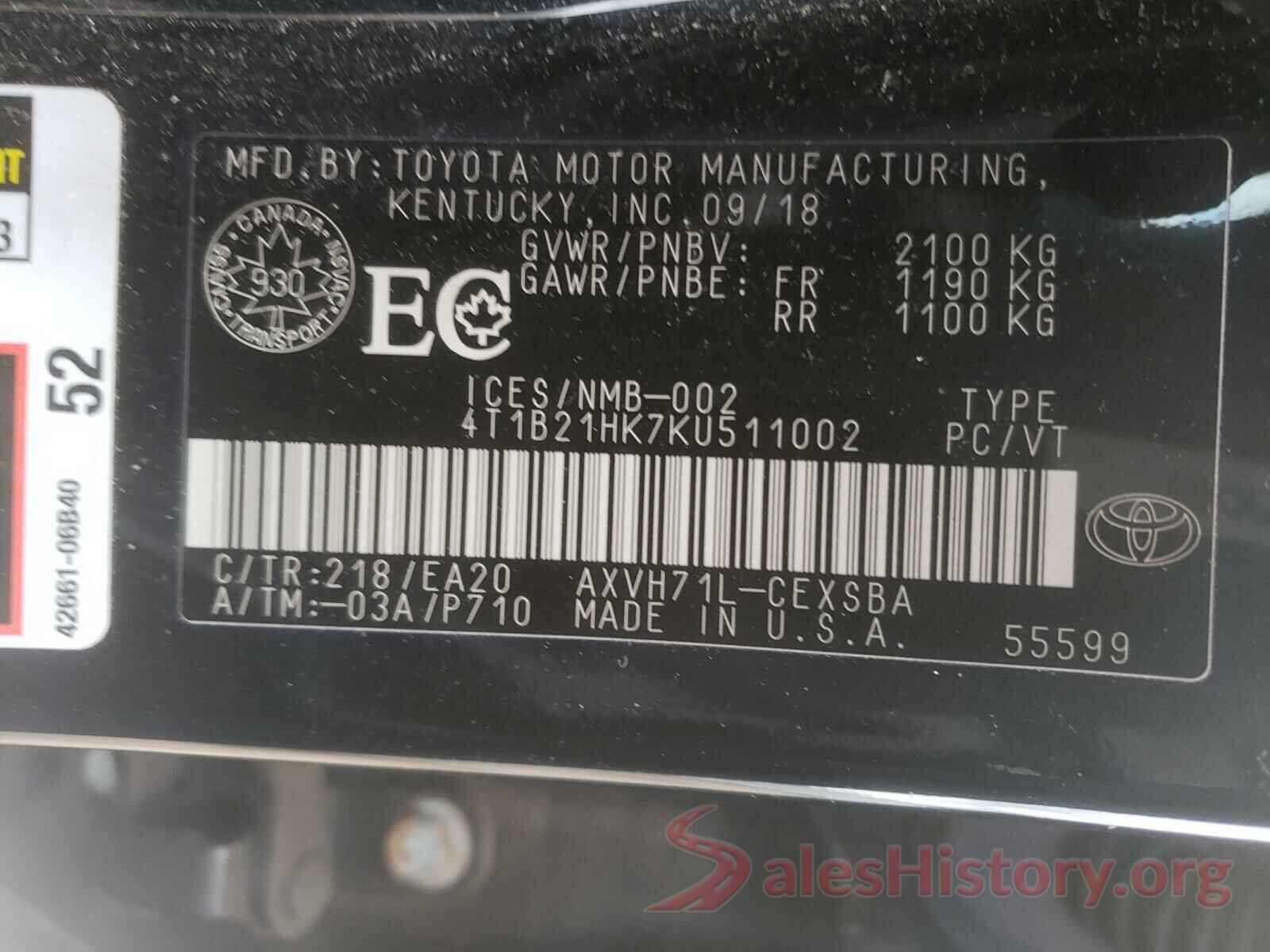 4T1B21HK7KU511002 2019 TOYOTA CAMRY