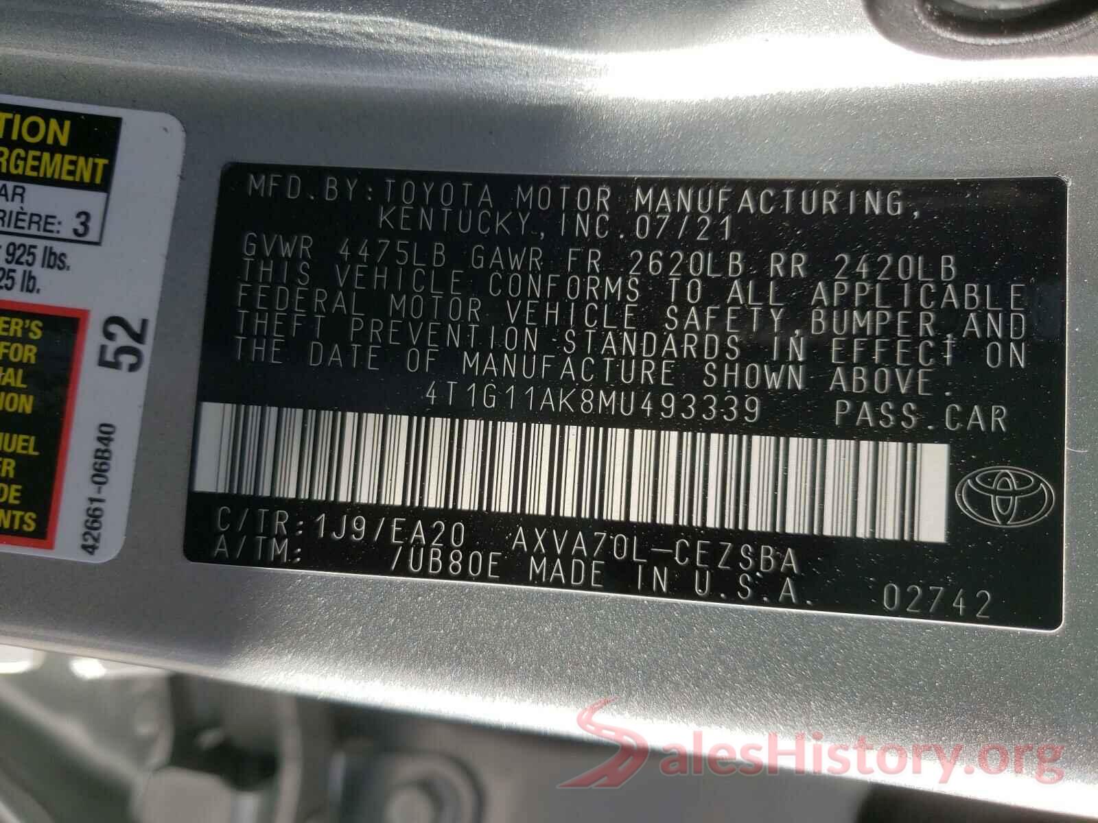 4T1G11AK8MU493339 2021 TOYOTA CAMRY