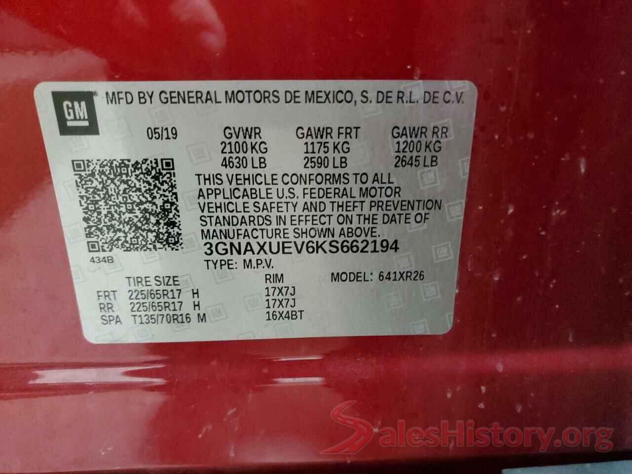 3GNAXUEV6KS662194 2019 CHEVROLET EQUINOX