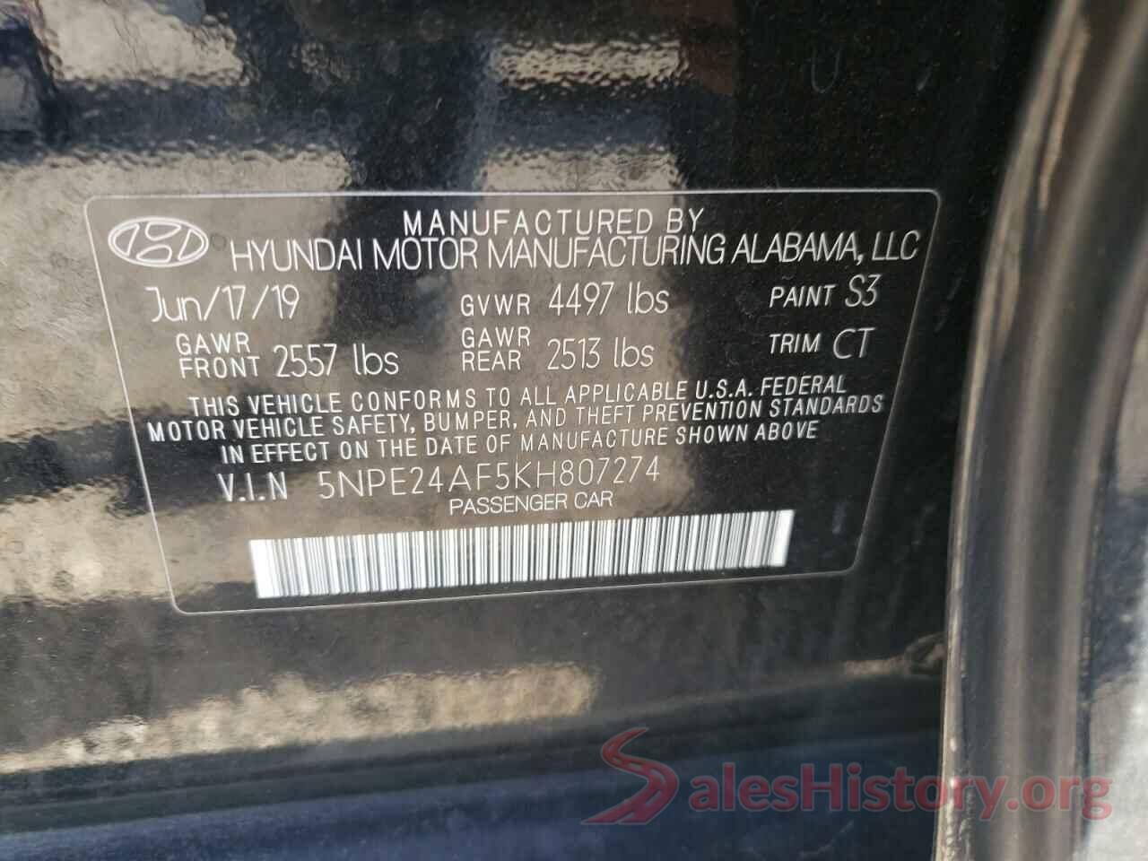 5NPE24AF5KH807274 2019 HYUNDAI SONATA