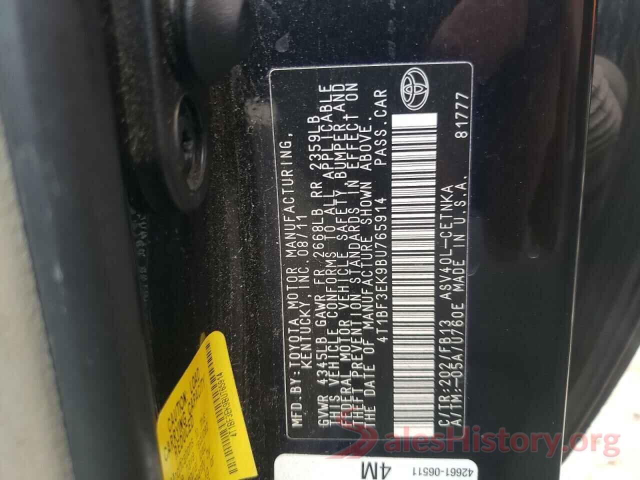 4T1BF3EK9BU765914 2011 TOYOTA CAMRY