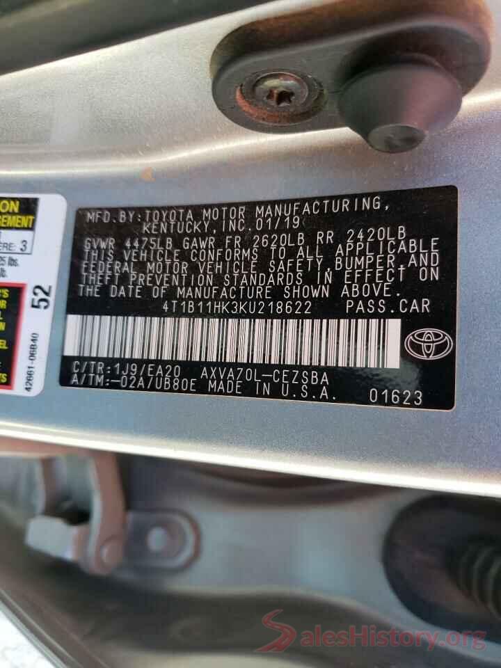 4T1B11HK3KU218622 2019 TOYOTA CAMRY