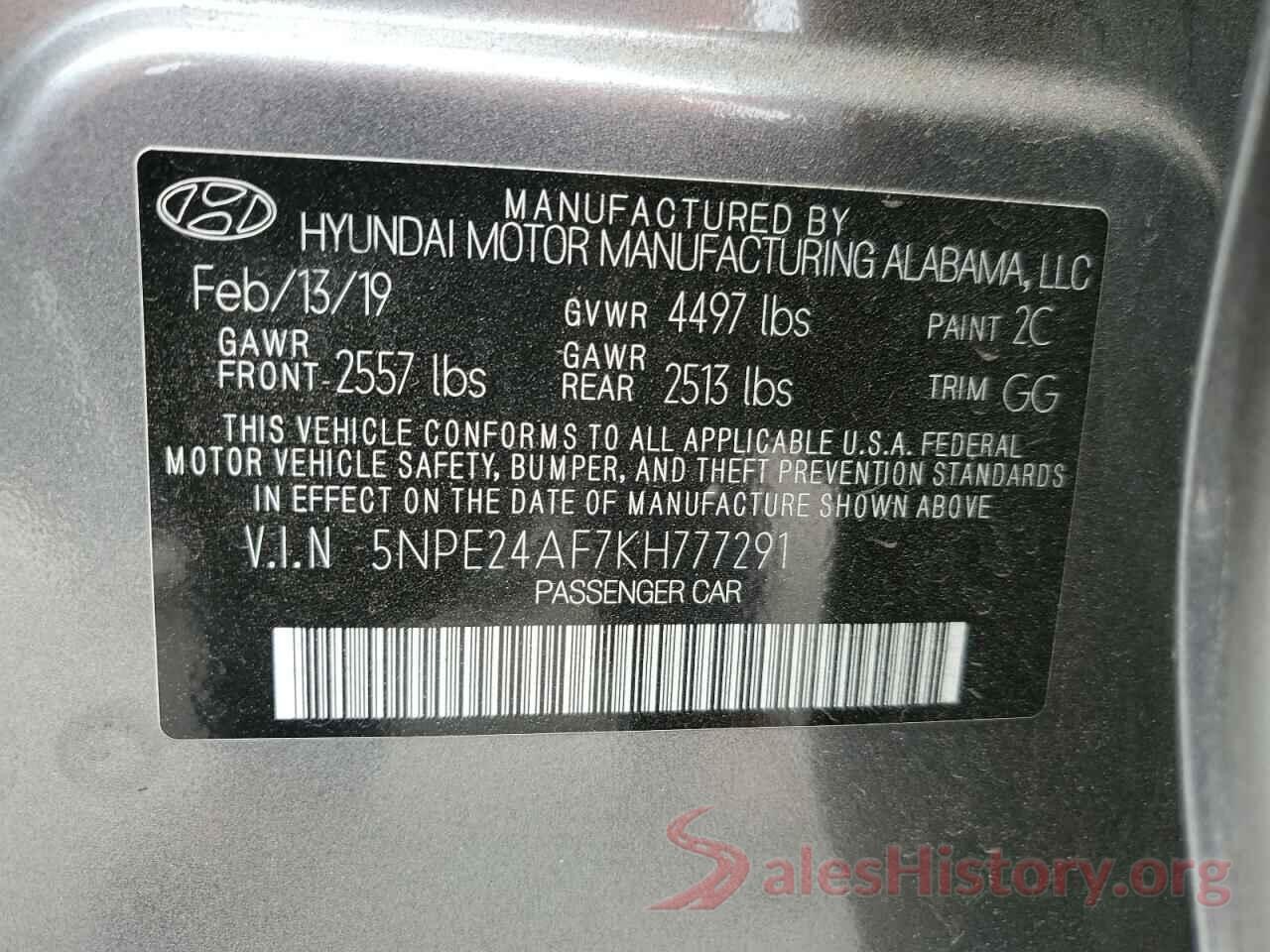 5NPE24AF7KH777291 2019 HYUNDAI SONATA