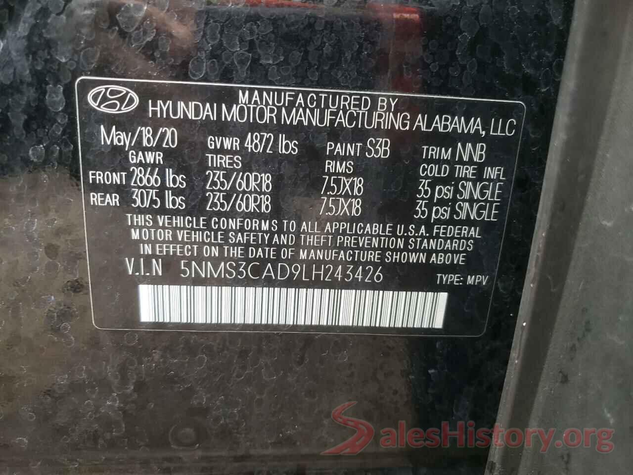 5NMS3CAD9LH243426 2020 HYUNDAI SANTA FE