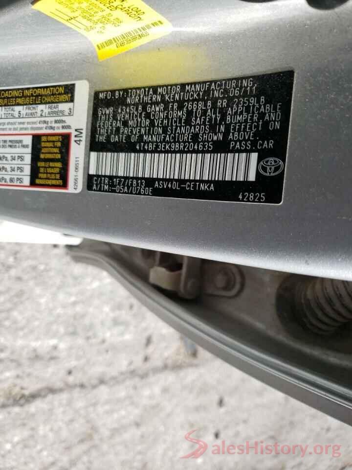 4T4BF3EK9BR204635 2011 TOYOTA CAMRY